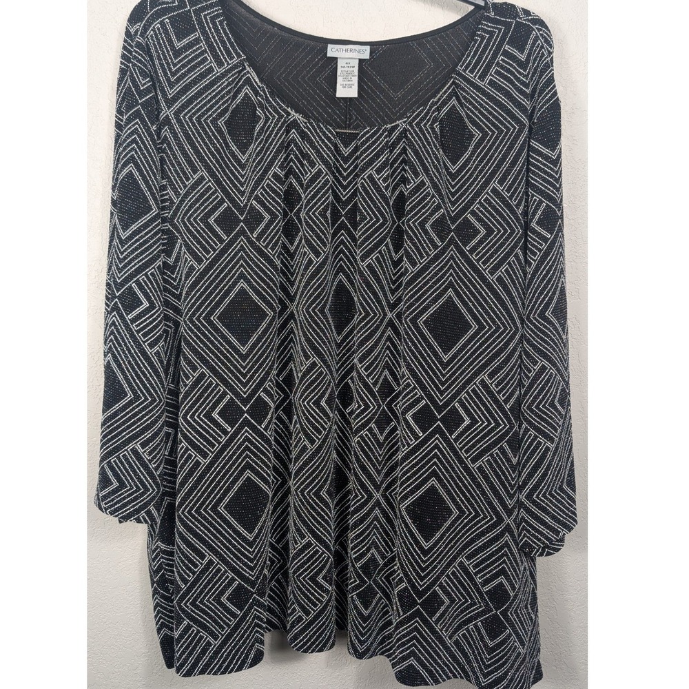 Catherines Geometric Tunic Top Black Silver Metallic 4X 30/32W Art Deco Plus Top